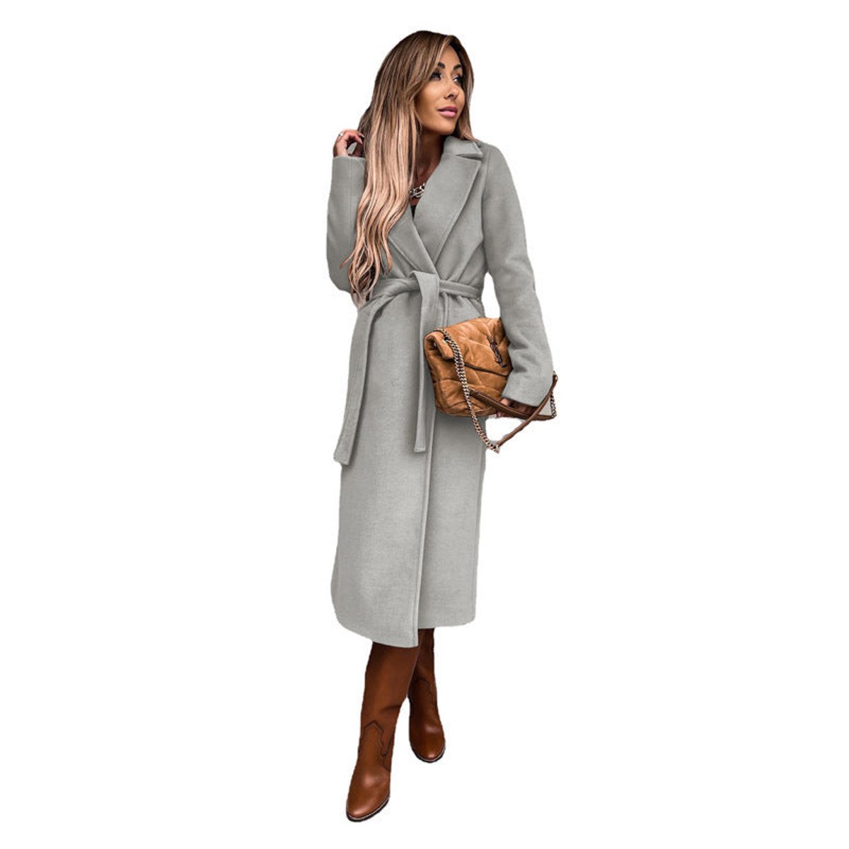 Kacob | Women's Midi Trench Coat – Belted Notch Lapel Wrap Coat