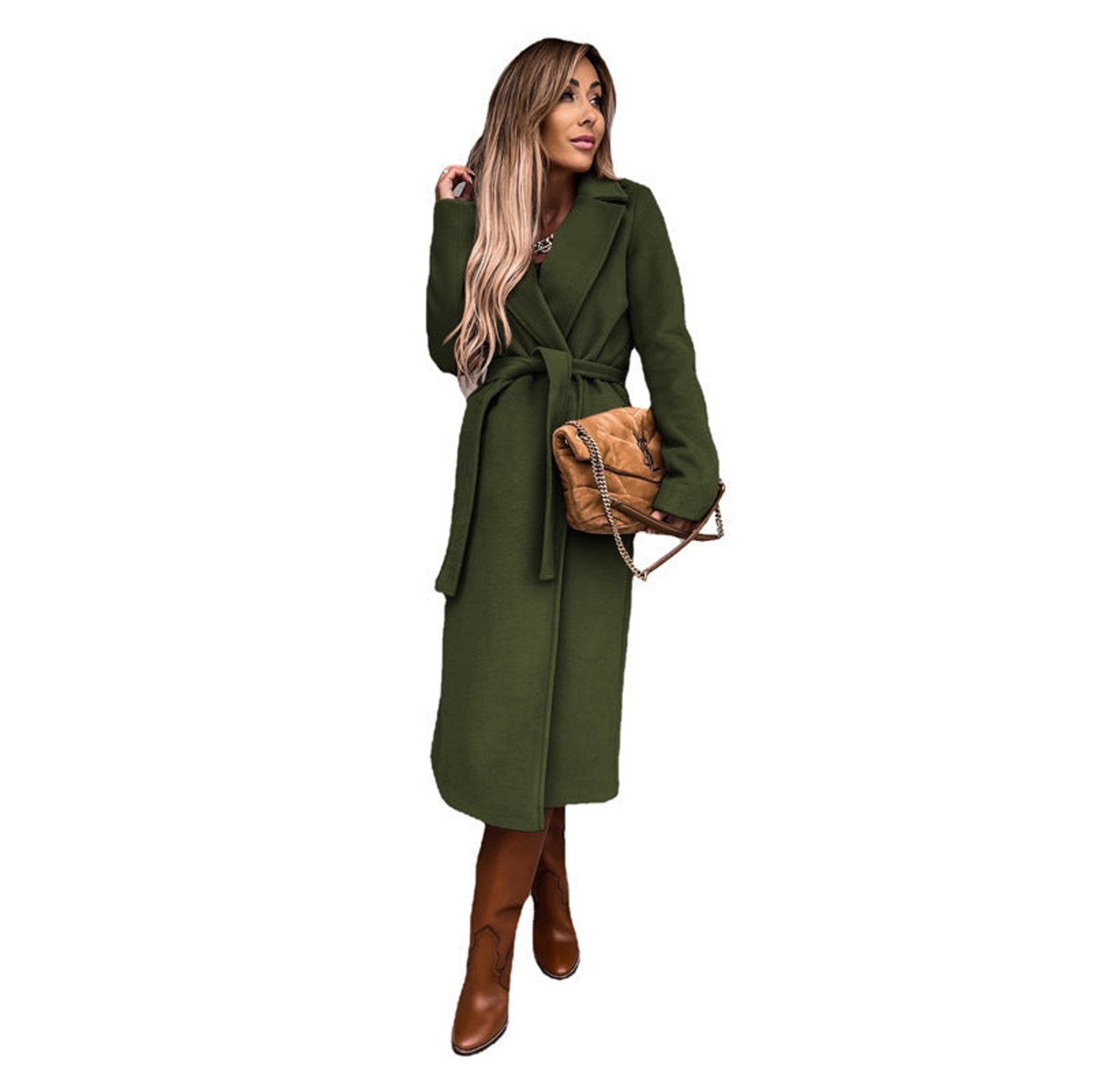 Kacob | Women's Midi Trench Coat – Belted Notch Lapel Wrap Coat