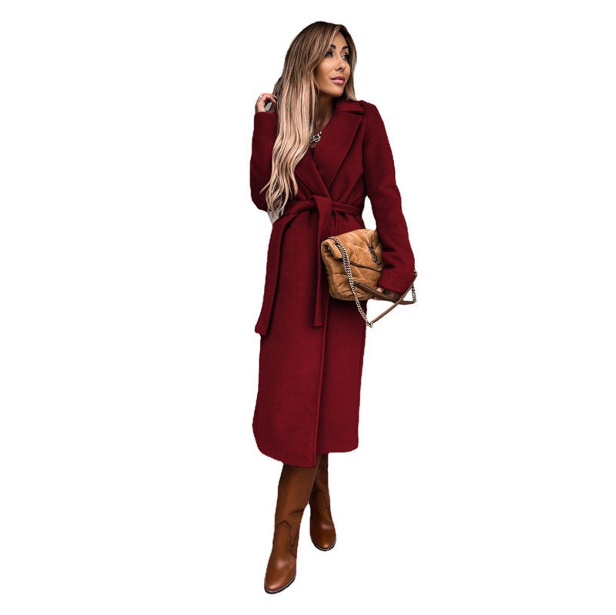Kacob | Women's Midi Trench Coat – Belted Notch Lapel Wrap Coat