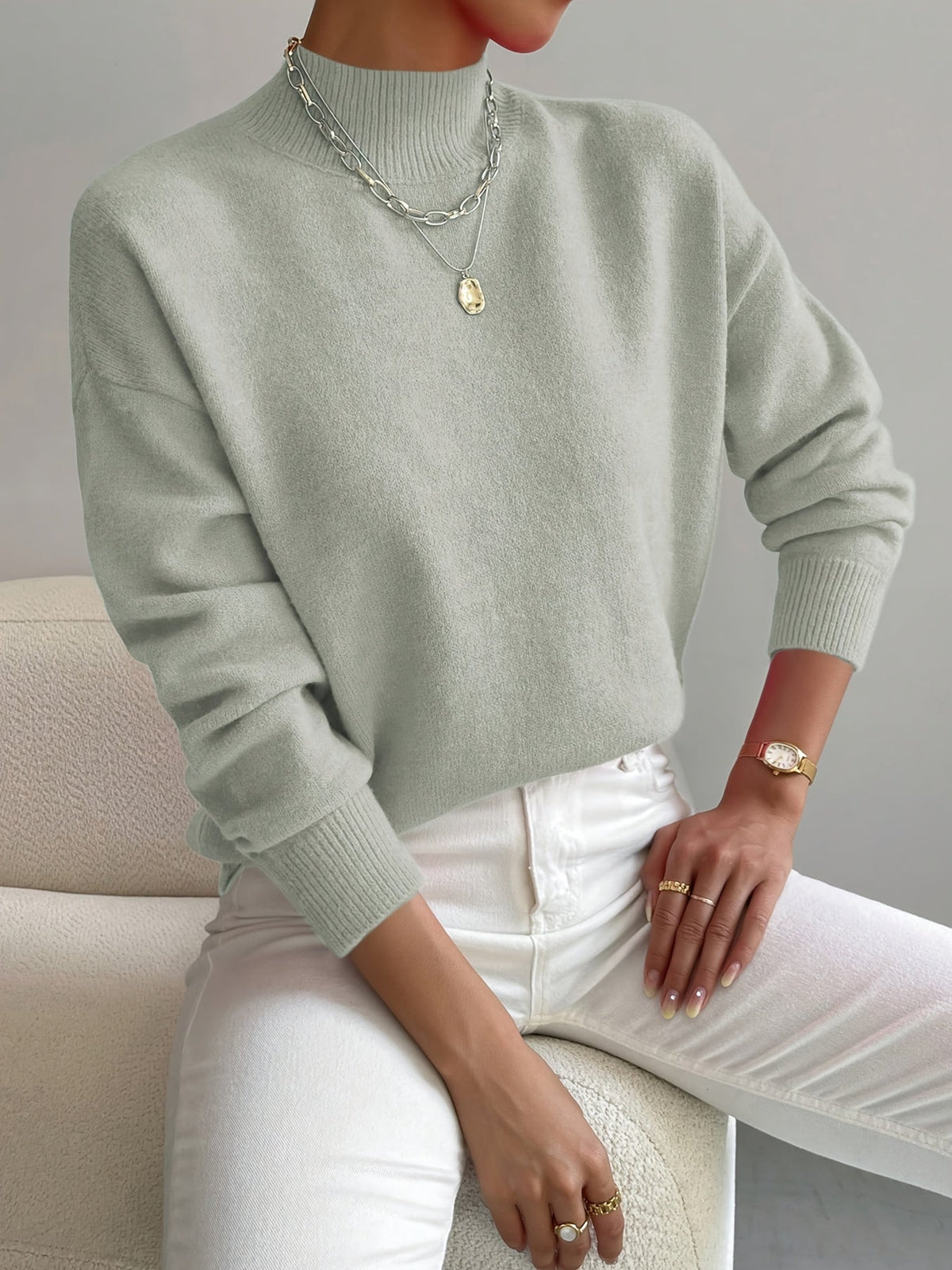 Kacob | Women's Mock Neck Jumper – Relaxed Funnel Neck Knitted Jumper