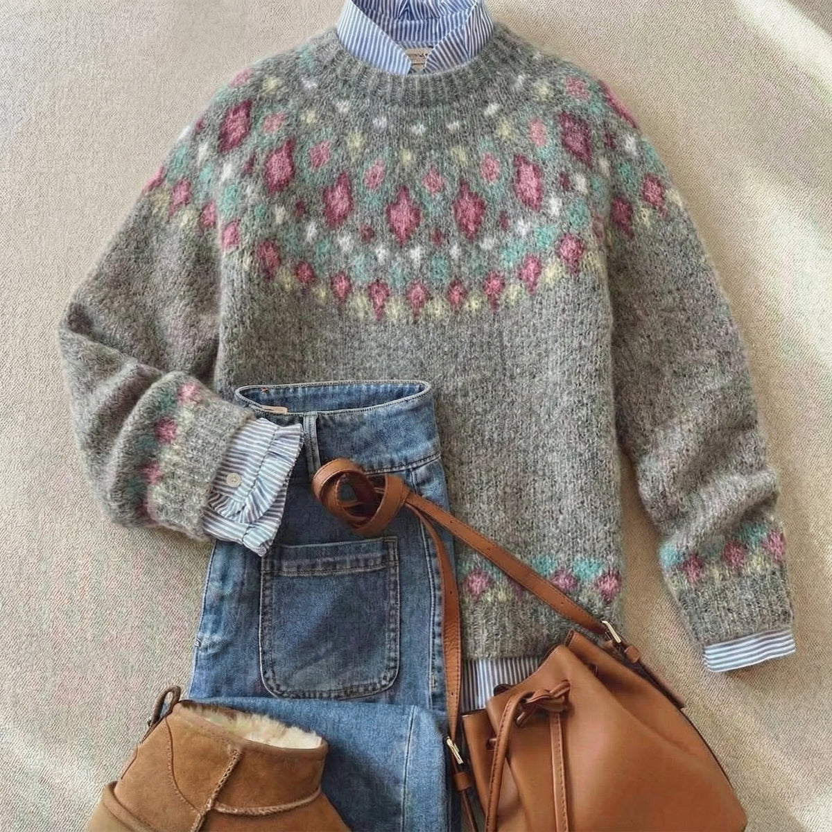 Kacob | Women's Nordic Jumper – Fair Isle Yoke Crew Neck Knit