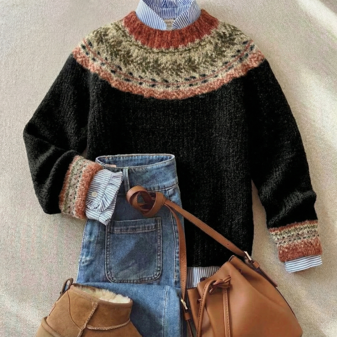 Kacob | Women's Nordic Jumper – Fair Isle Yoke Crew Neck Knit