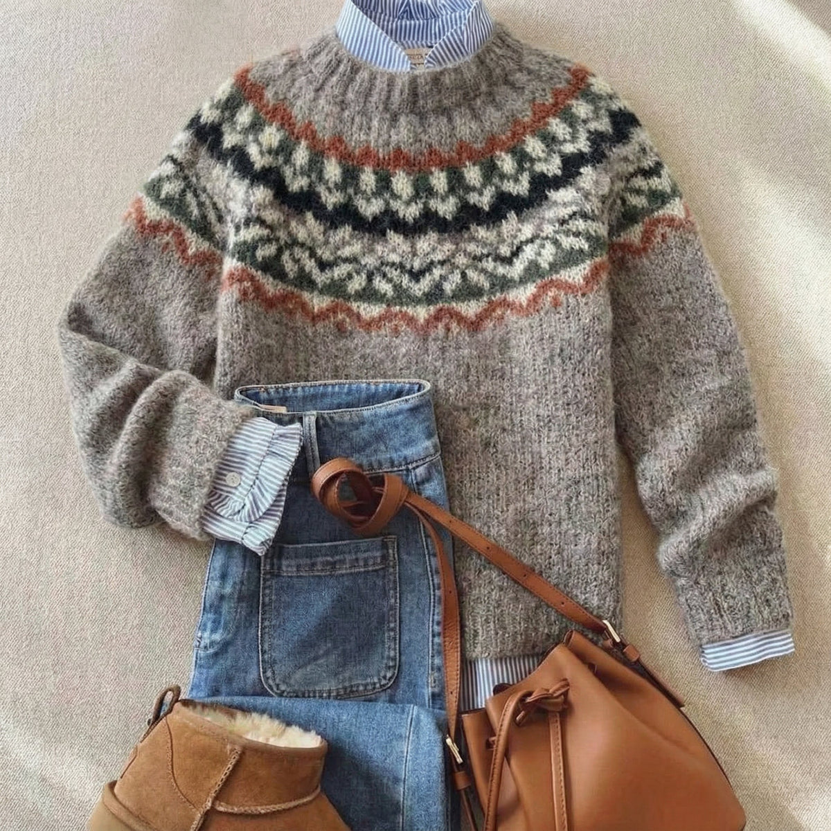 Kacob | Women's Nordic Jumper – Fair Isle Yoke Crew Neck Knit