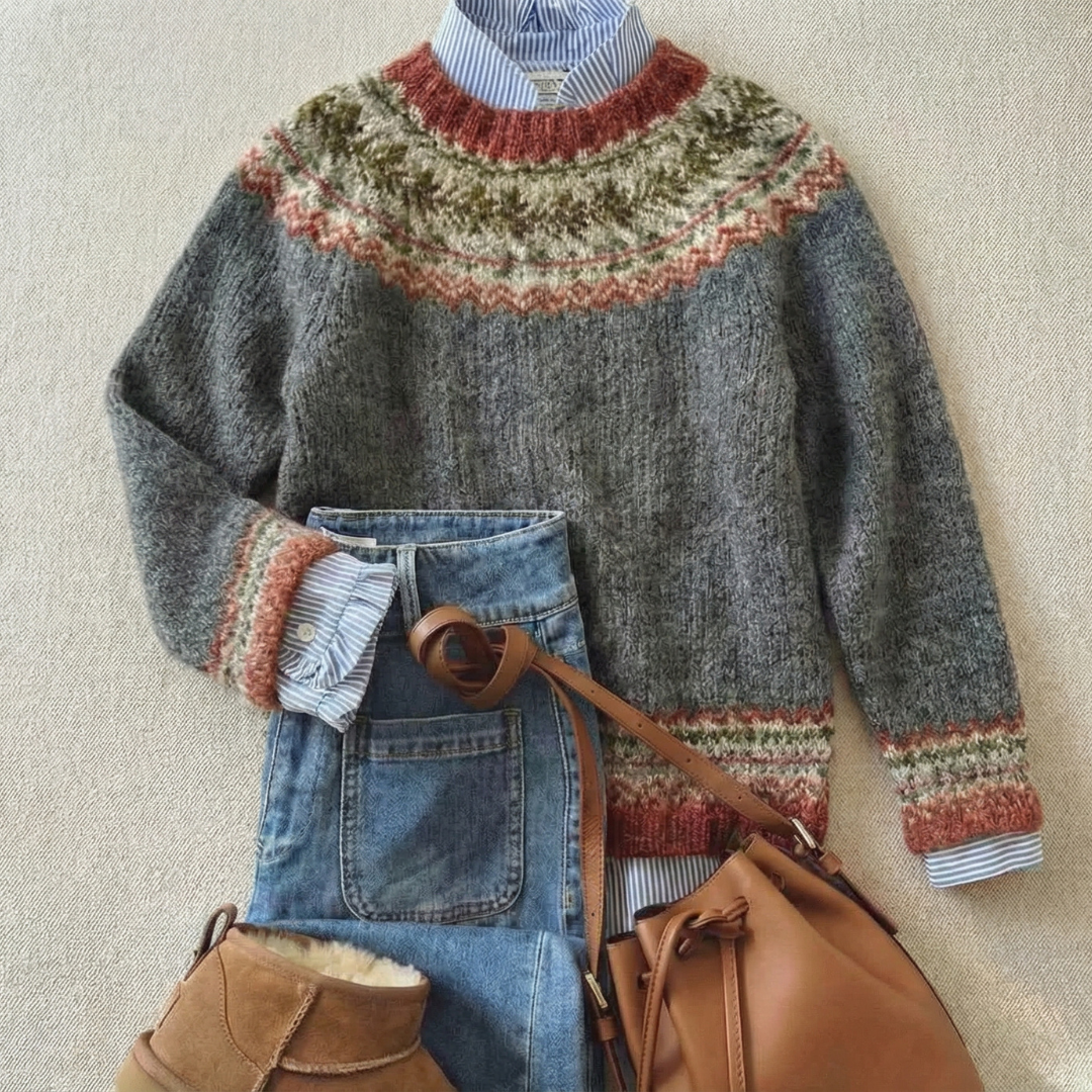 Kacob | Women's Nordic Jumper – Fair Isle Yoke Crew Neck Knit
