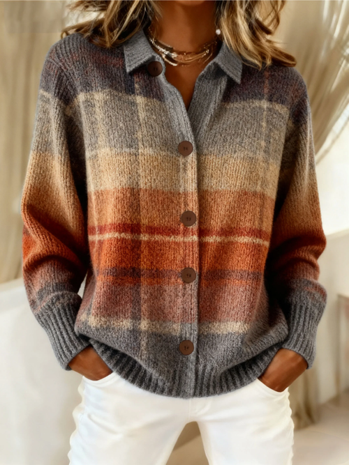 Kacob | Women's Ombre Plaid Collared Cardigan – Relaxed Check Knit for Autumn