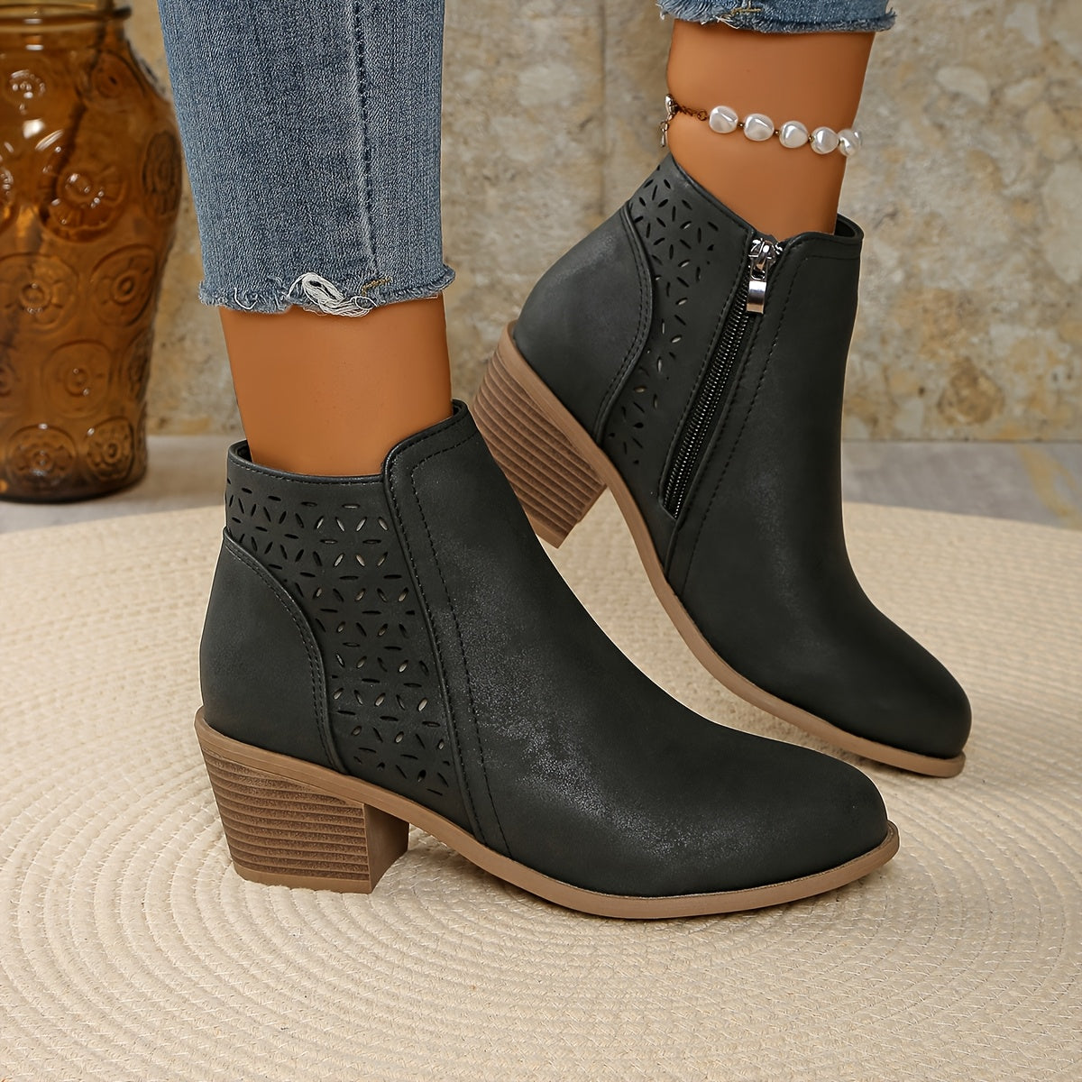 Kacob | Women's Orthopaedic Laser Cut Ankle Boots – Wide Heel Grip Sole Boots