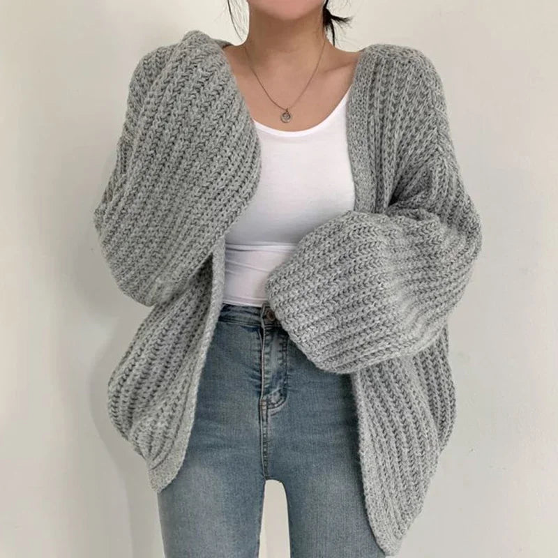 Women's Oversized Balloon Sleeve Chunky Knit Cardigan – Open Front Cropped Slouchy Knit
