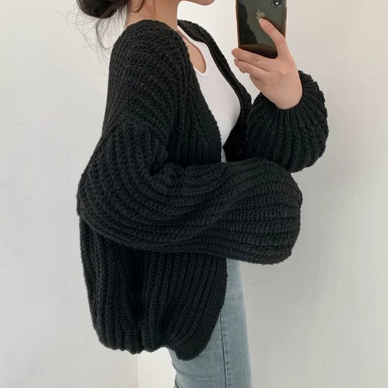 Women's Oversized Balloon Sleeve Chunky Knit Cardigan – Open Front Cropped Slouchy Knit