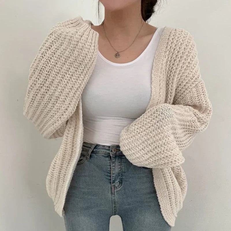 Women's Oversized Balloon Sleeve Chunky Knit Cardigan – Open Front Cropped Slouchy Knit
