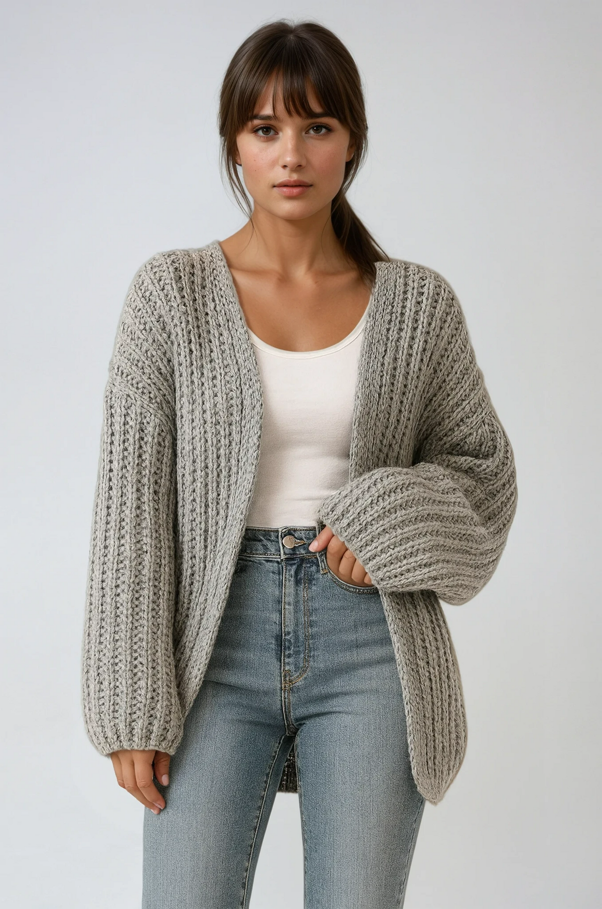 Women's Oversized Balloon Sleeve Chunky Knit Cardigan – Open Front Cropped Slouchy Knit