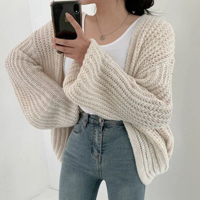 Women's Oversized Balloon Sleeve Chunky Knit Cardigan – Open Front Cropped Slouchy Knit
