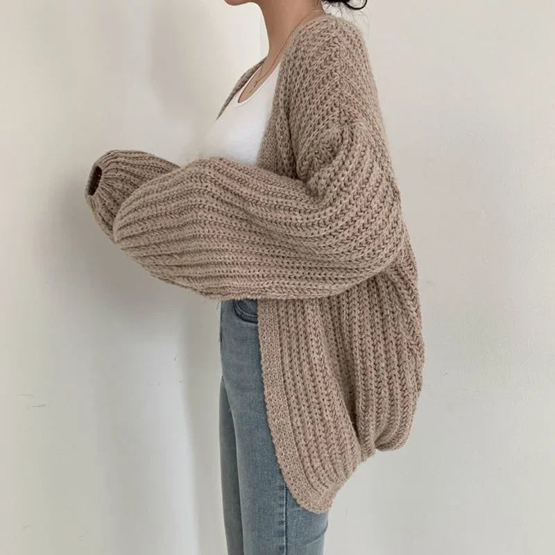Women's Oversized Balloon Sleeve Chunky Knit Cardigan – Open Front Cropped Slouchy Knit
