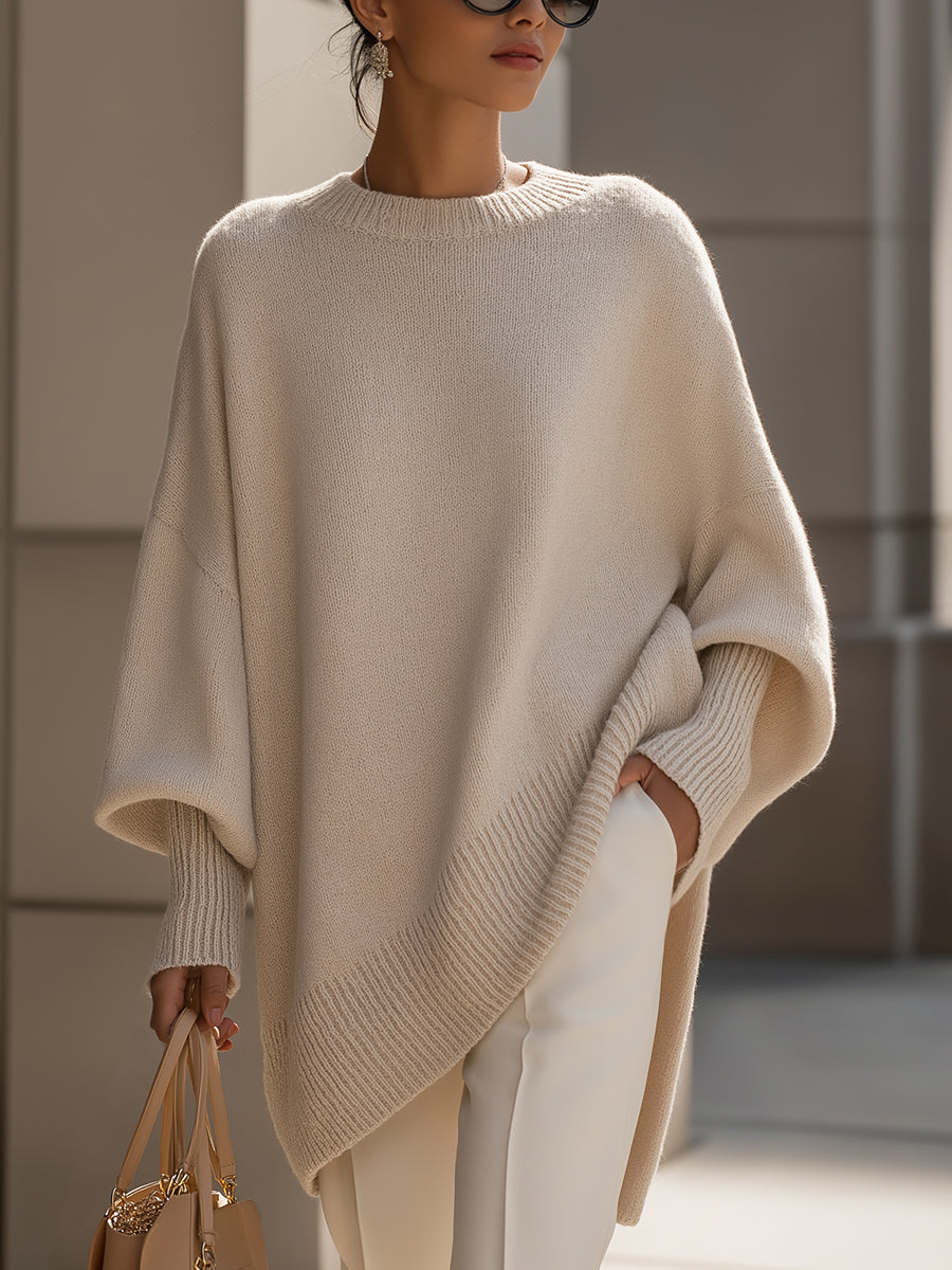 Women's Oversized Batwing Jumper – Asymmetric Hem Round Neck Knit