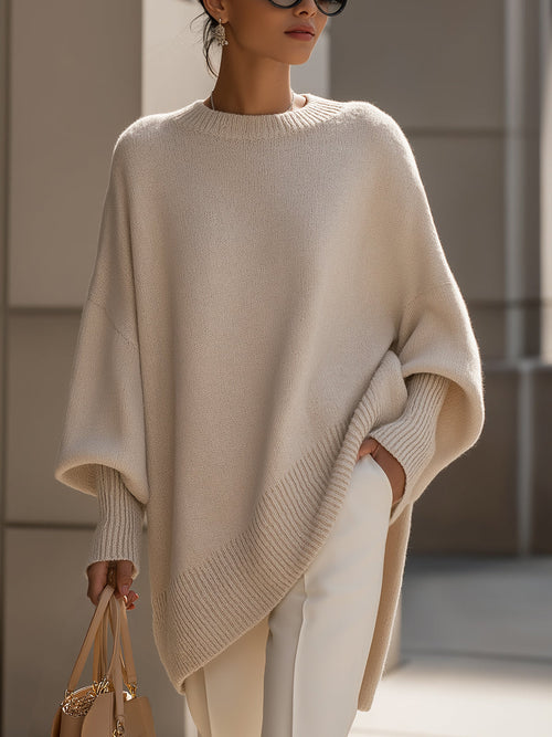 Women's Oversized Batwing Jumper – Asymmetric Hem Round Neck Knit