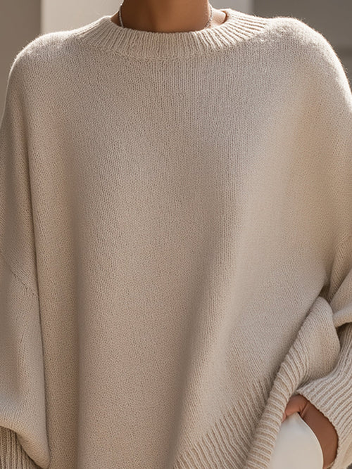 Women's Oversized Batwing Jumper – Asymmetric Hem Round Neck Knit
