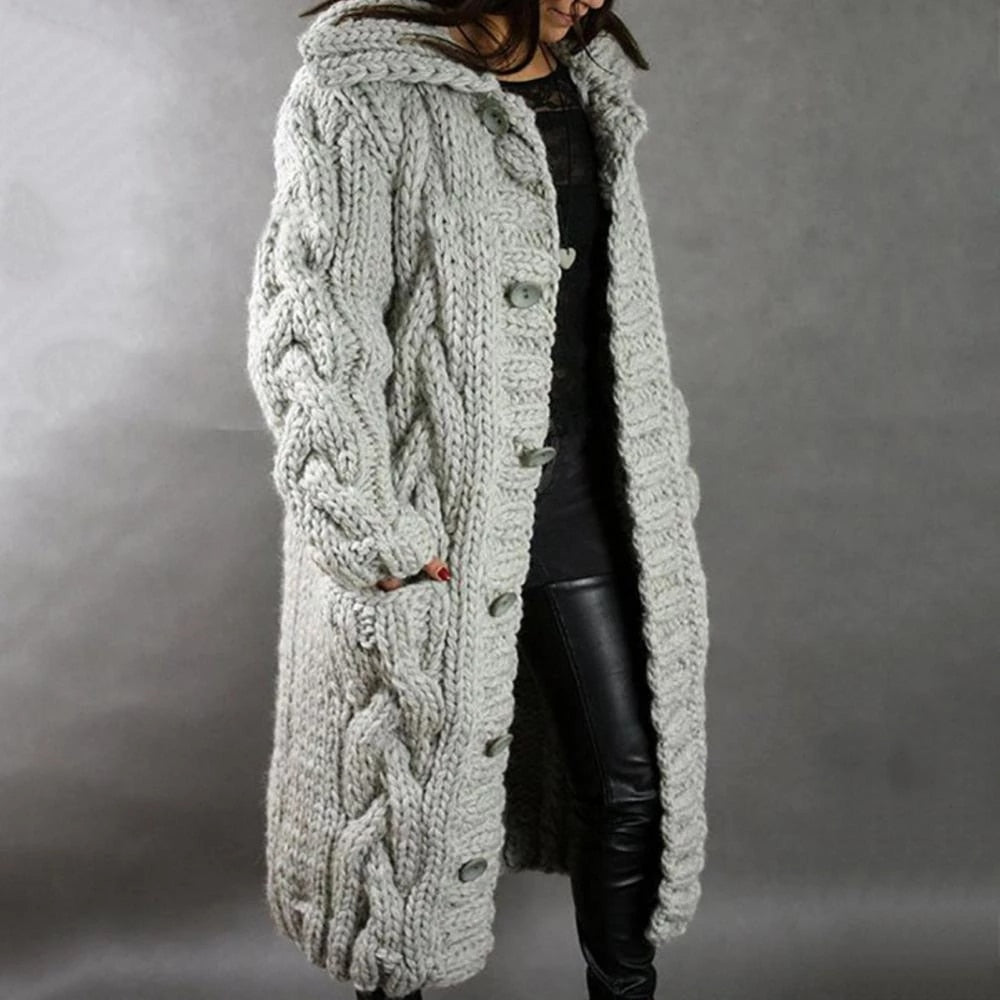 Women's Oversized Cable Knit Longline Cardigan – Chunky Button Front Knit
