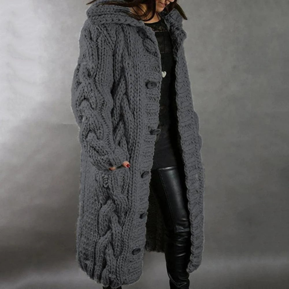 Women's Oversized Cable Knit Longline Cardigan – Chunky Button Front Knit