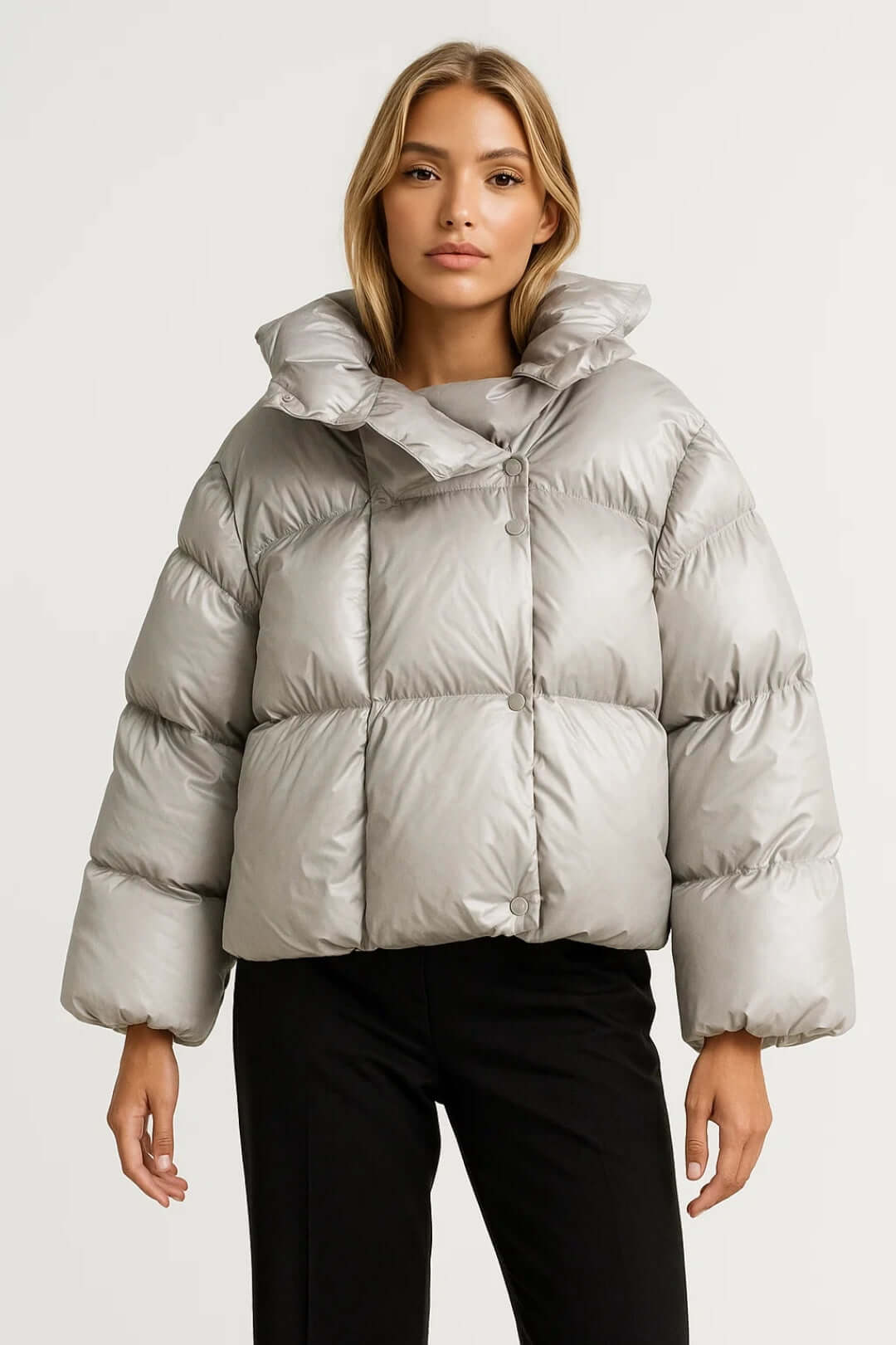 Kacob | Women's Oversized Collar Puffer Jacket – Press-Stud Boxy Quilted Puffer