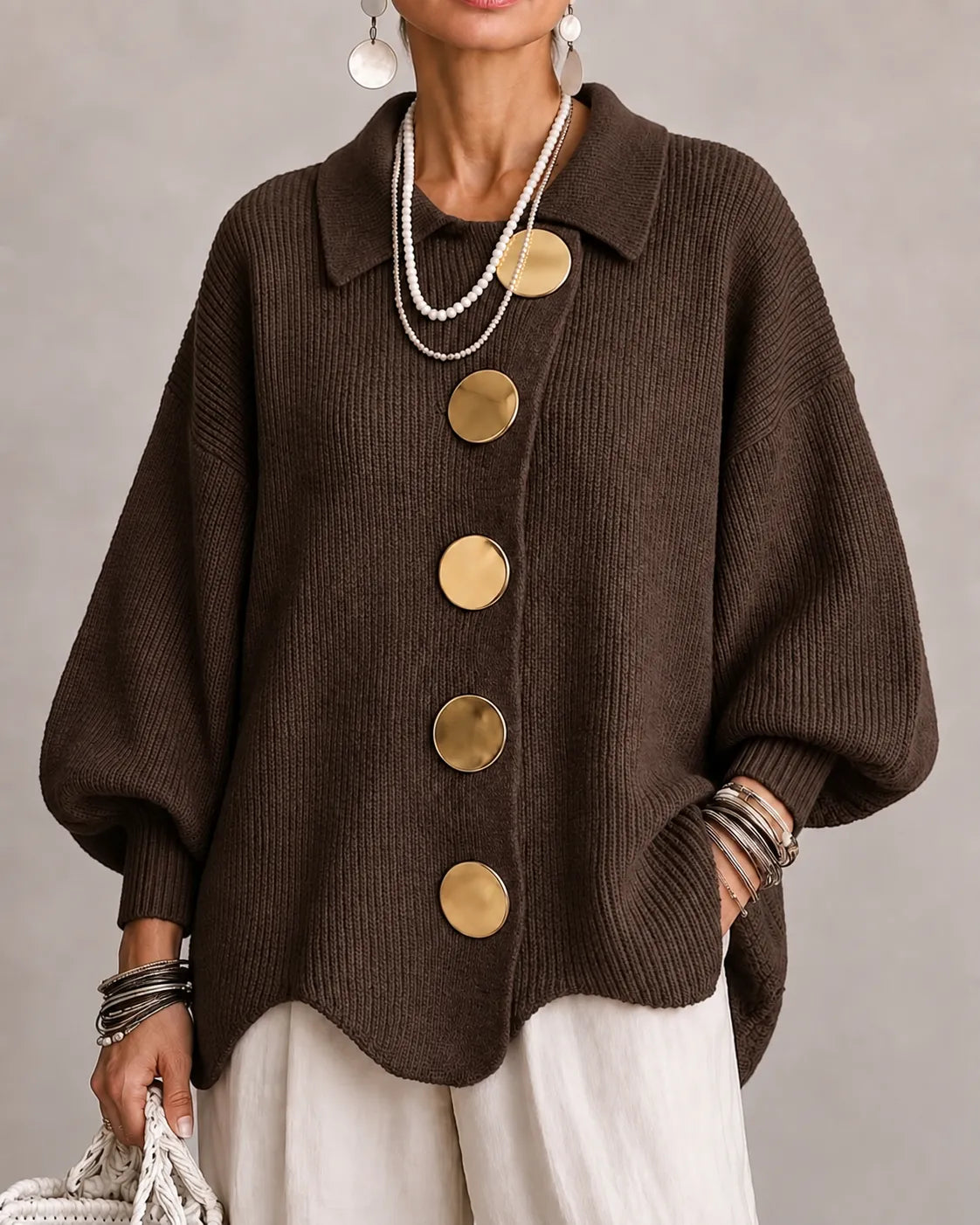 Kacob | Women's Oversized Collared Knitted Cardigan – Button Front Cardigan Sweater