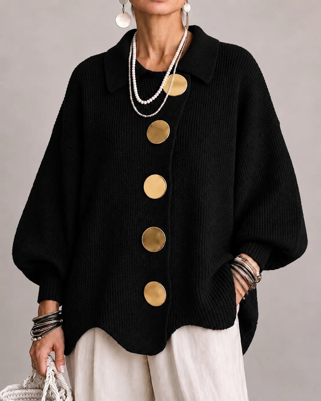 Kacob | Women's Oversized Collared Knitted Cardigan – Button Front Cardigan Sweater