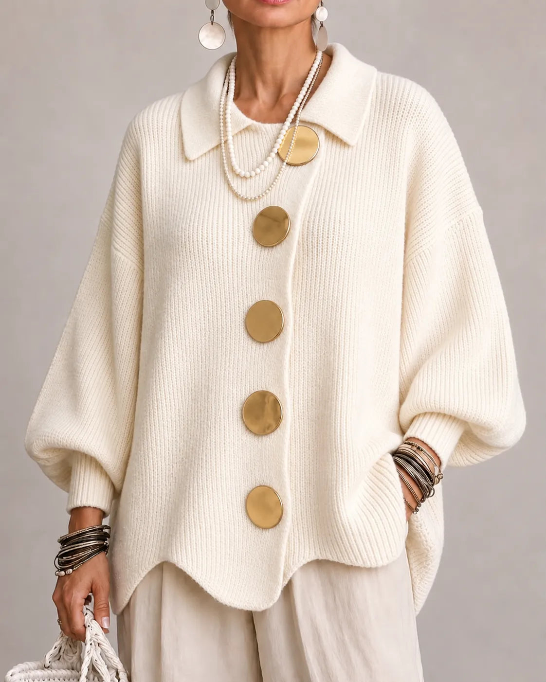 Kacob | Women's Oversized Collared Knitted Cardigan – Button Front Cardigan Sweater