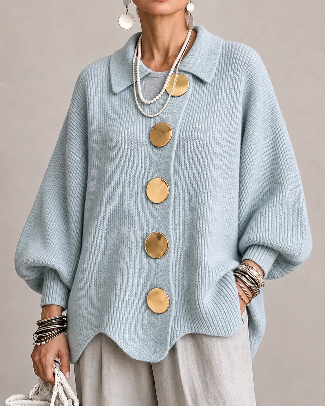 Kacob | Women's Oversized Collared Knitted Cardigan – Button Front Cardigan Sweater
