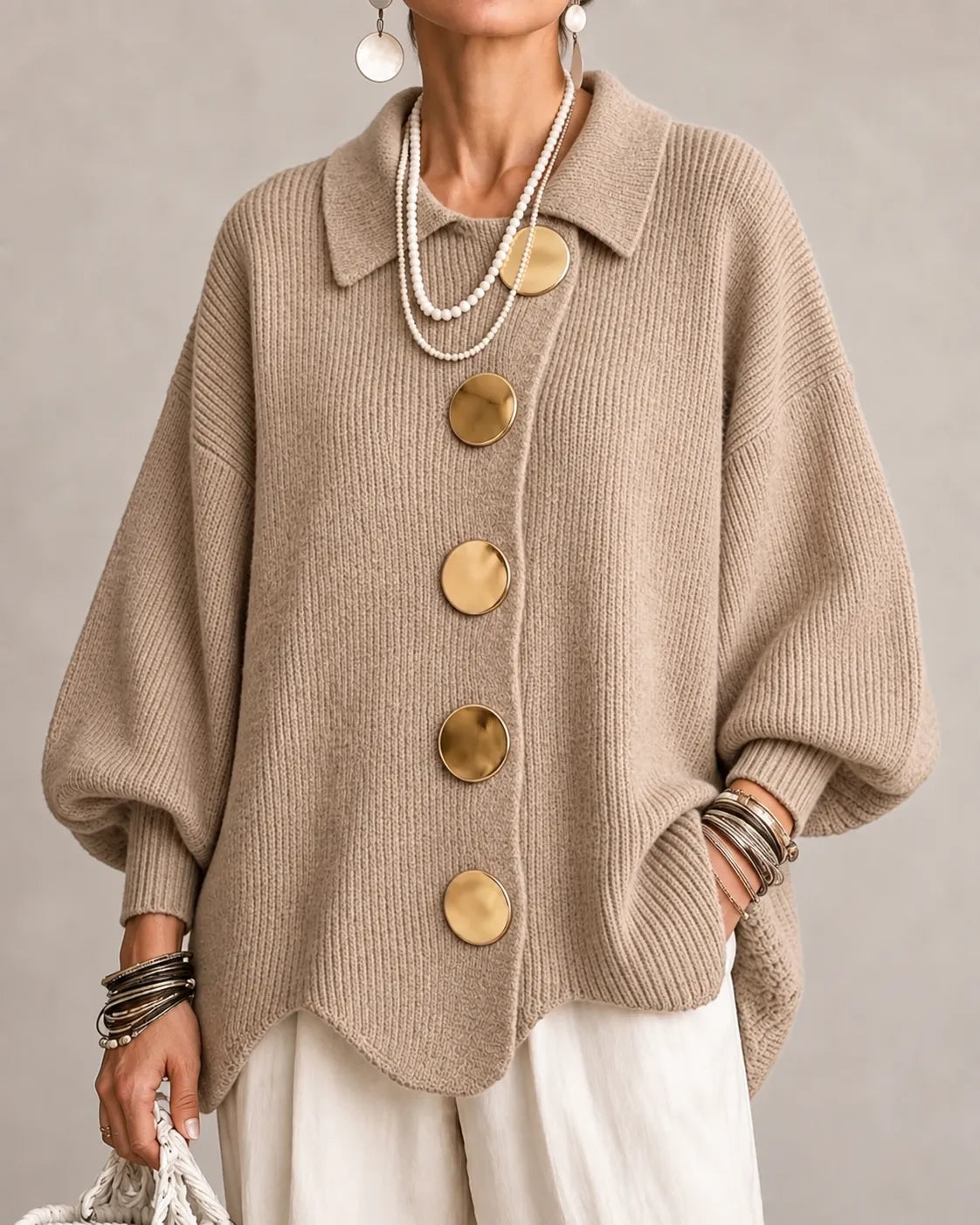 Kacob | Women's Oversized Collared Knitted Cardigan – Button Front Cardigan Sweater
