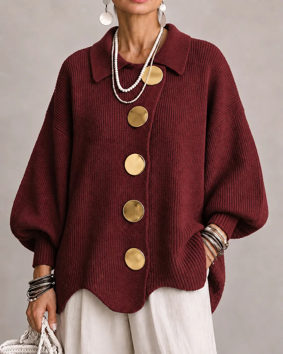 Kacob | Women's Oversized Collared Knitted Cardigan – Button Front Cardigan Sweater