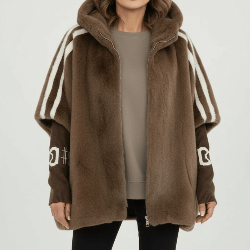 Women's Oversized Faux Fur Cape Jacket with Sleeve Stripes – Hooded Batwing Coat