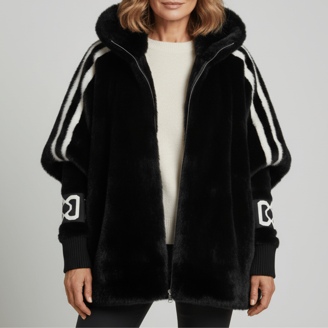Women's Oversized Faux Fur Cape Jacket with Sleeve Stripes – Hooded Batwing Coat