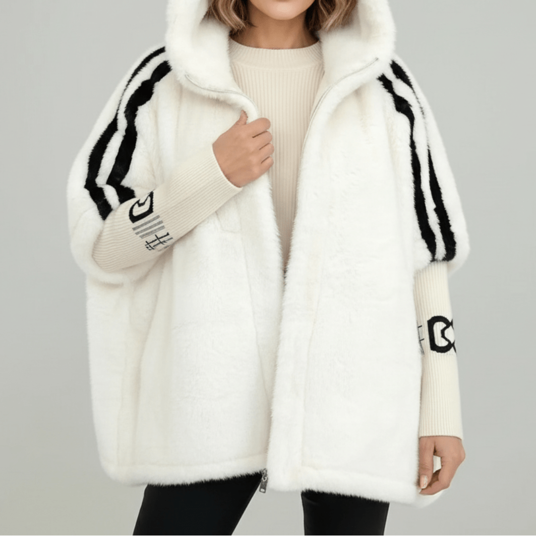 Women's Oversized Faux Fur Cape Jacket with Sleeve Stripes – Hooded Batwing Coat