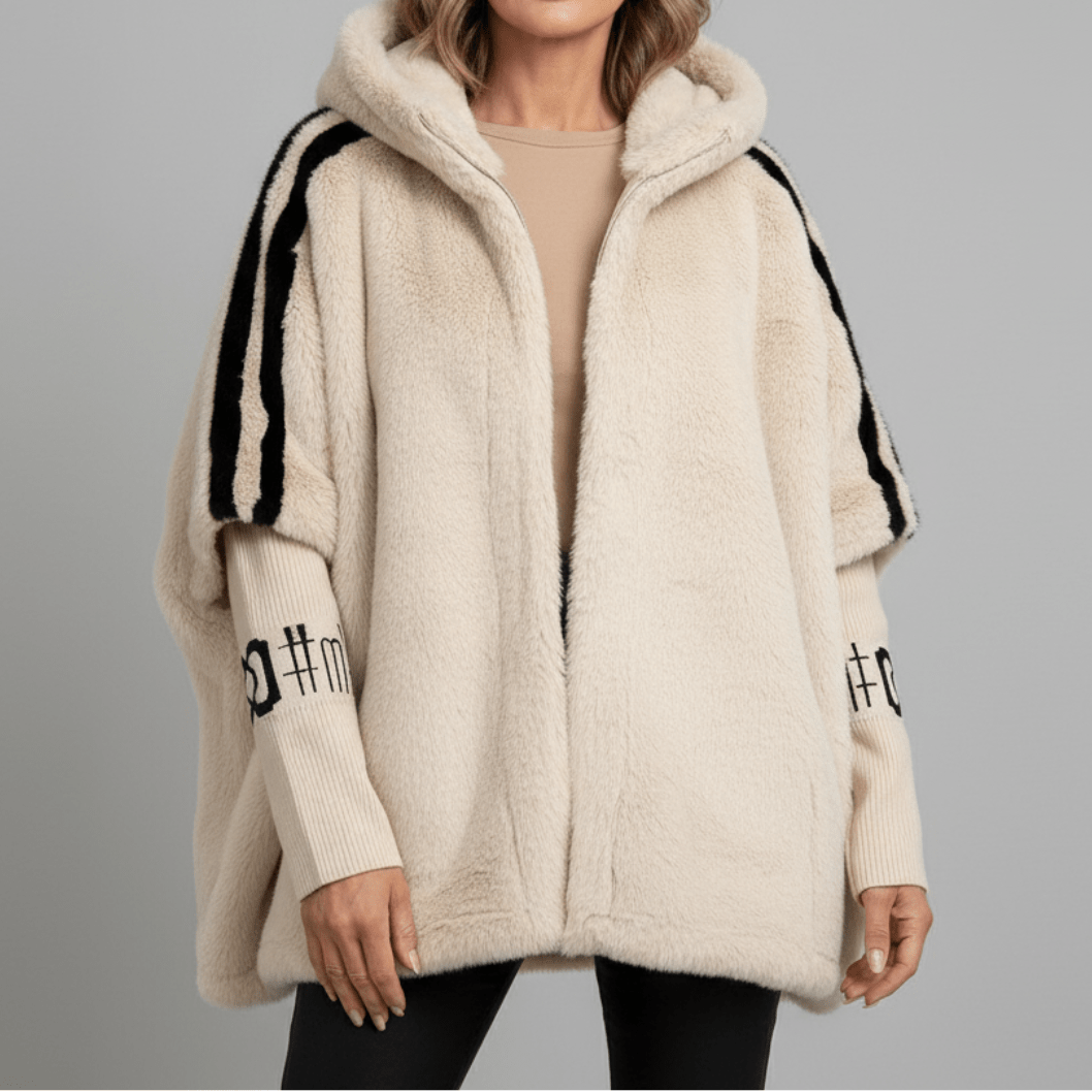 Women's Oversized Faux Fur Cape Jacket with Sleeve Stripes – Hooded Batwing Coat