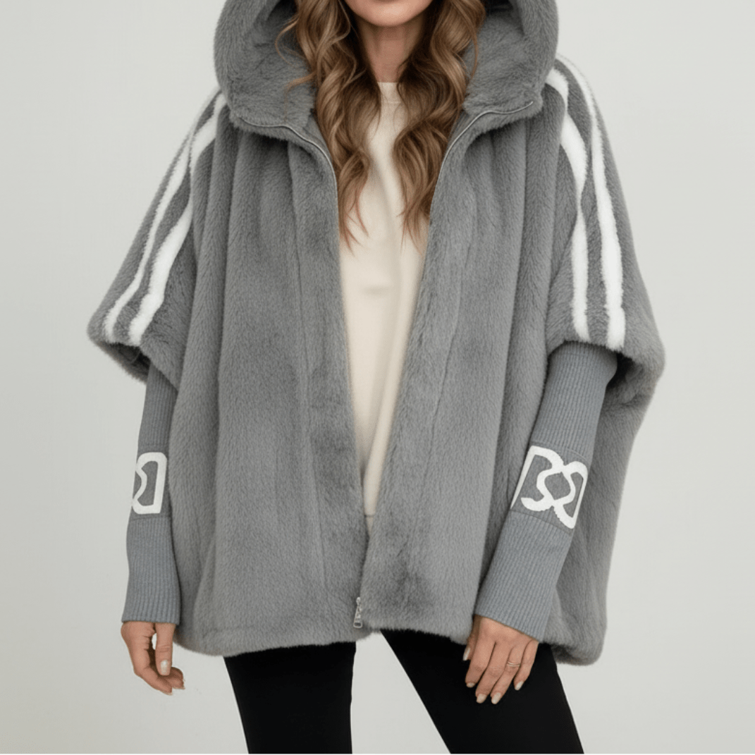Women's Oversized Faux Fur Cape Jacket with Sleeve Stripes – Hooded Batwing Coat