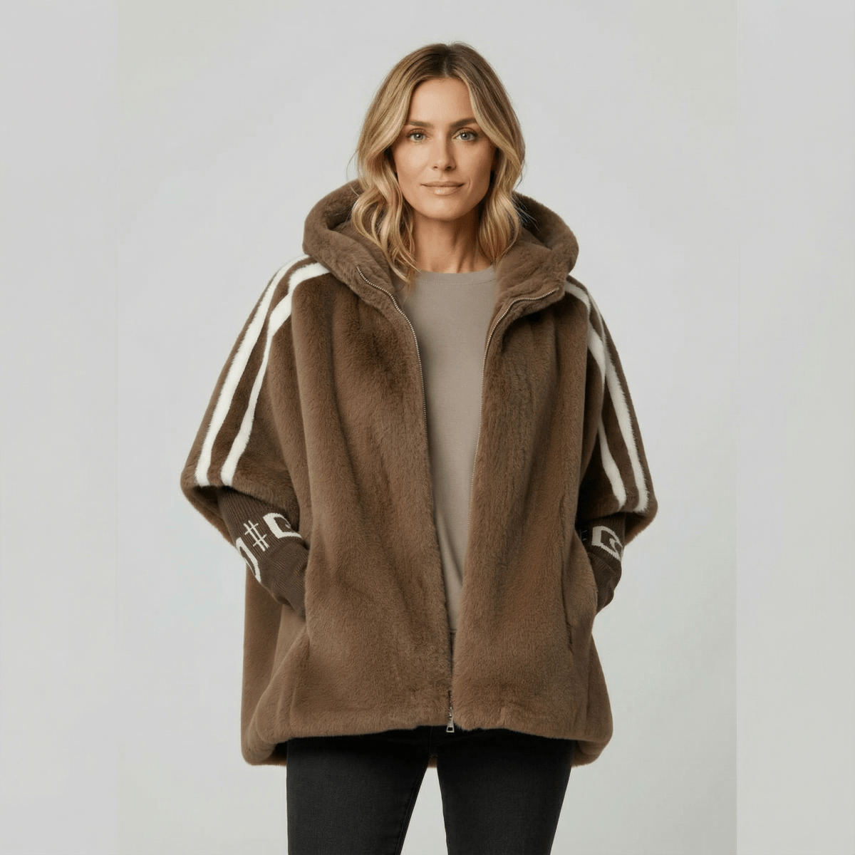 Women's Oversized Faux Fur Cape Jacket with Sleeve Stripes – Hooded Batwing Coat