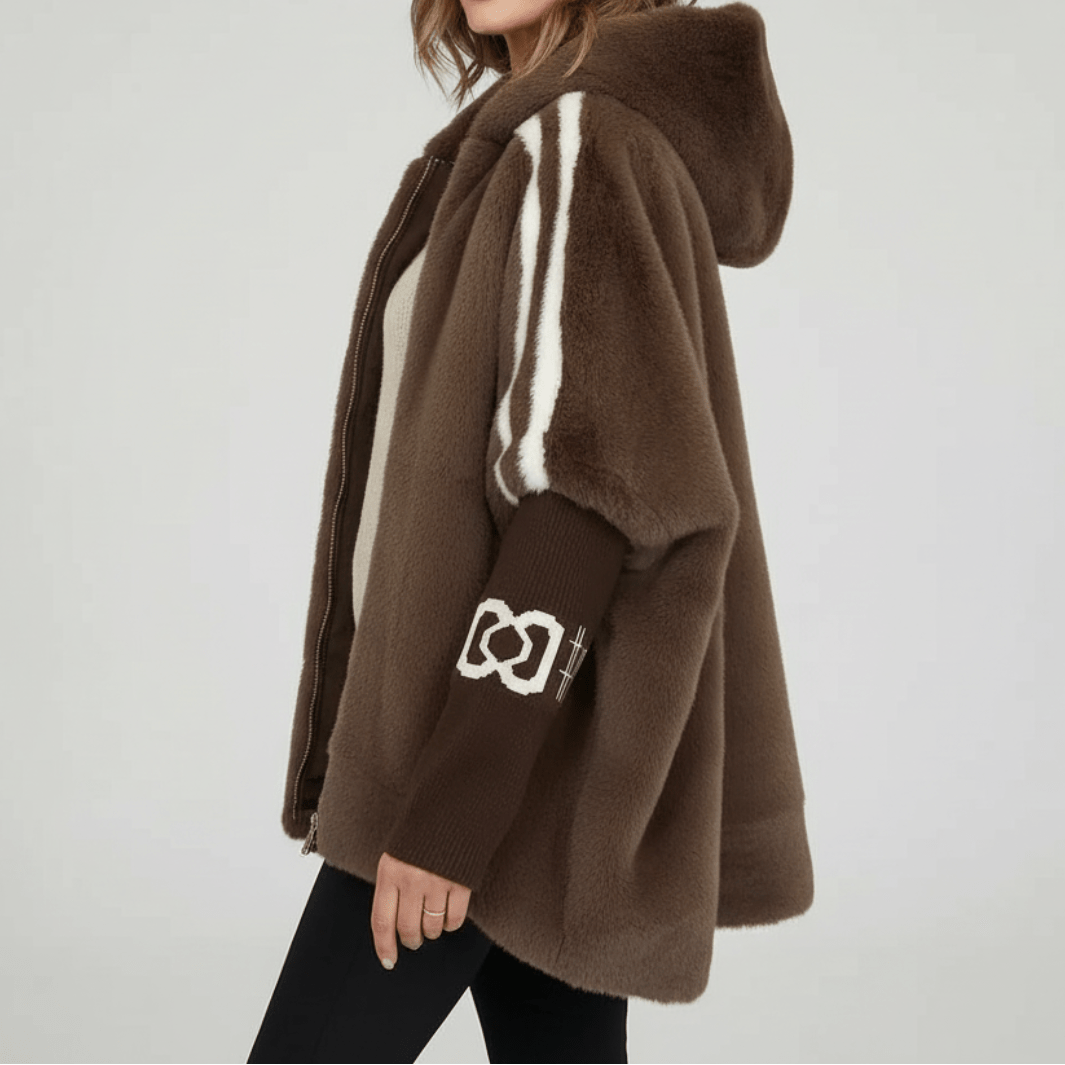 Women's Oversized Faux Fur Cape Jacket with Sleeve Stripes – Hooded Batwing Coat