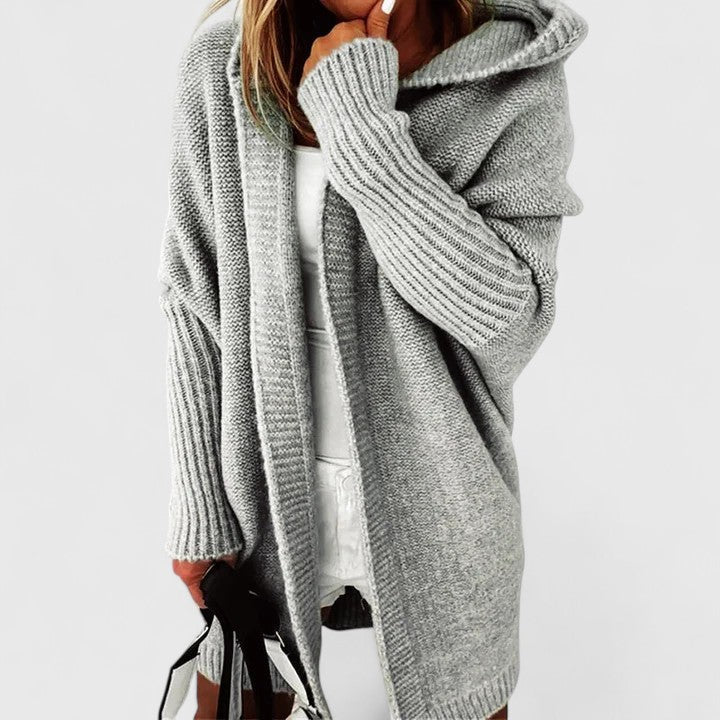 Women's Oversized Hooded Knit Cardigan – Open Front Batwing Cocoon with Ribbed Sleeves