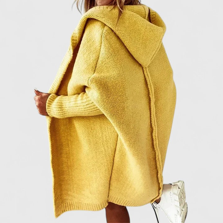 Women's Oversized Hooded Knit Cardigan – Open Front Batwing Cocoon with Ribbed Sleeves