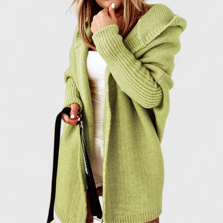 Women's Oversized Hooded Knit Cardigan – Open Front Batwing Cocoon with Ribbed Sleeves