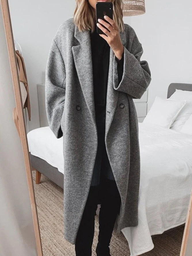 Women's Oversized Long Overcoat with Notch Lapel – Brushed Single Breasted Cocoon Coat