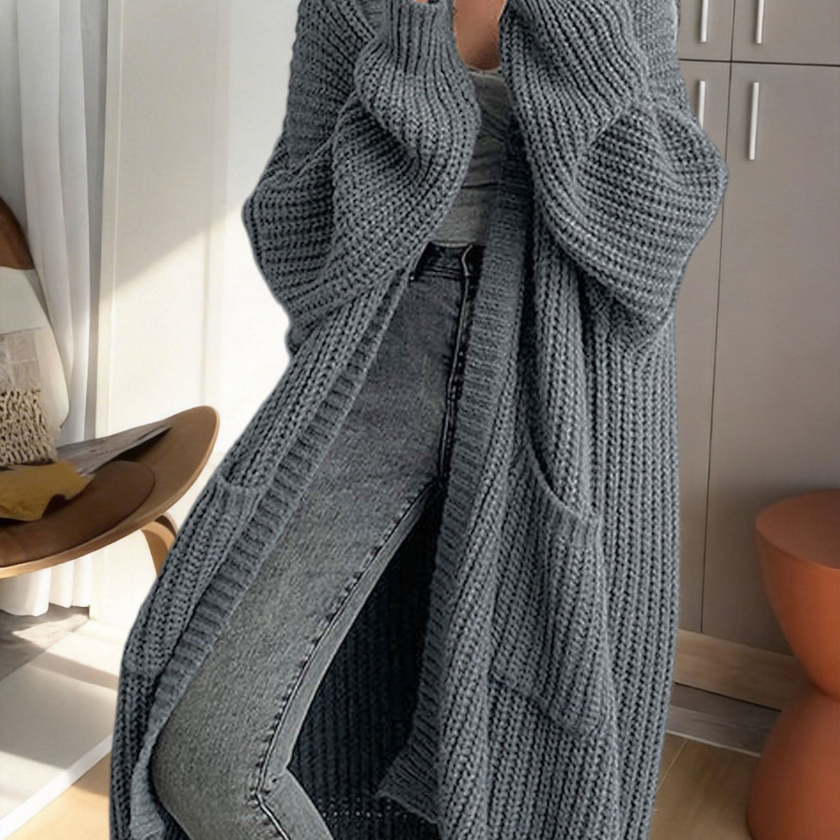 Women's Oversized Longline Duster Cardigan with Pockets – Chunky Knit Open Front Maxi