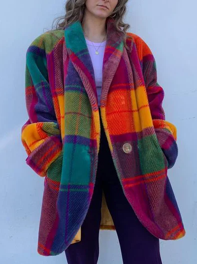 Women's Oversized Multicolour Checked Coat – Brushed Plaid Single Button Longline Coat
