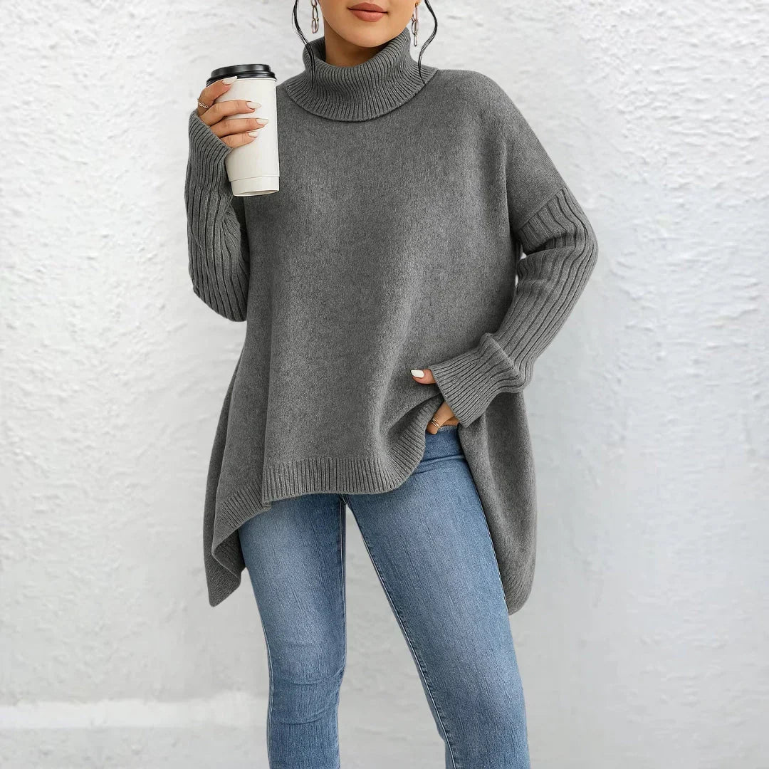 Kacob | Women's Oversized Roll Neck Jumper – Turtleneck Side Split Knit