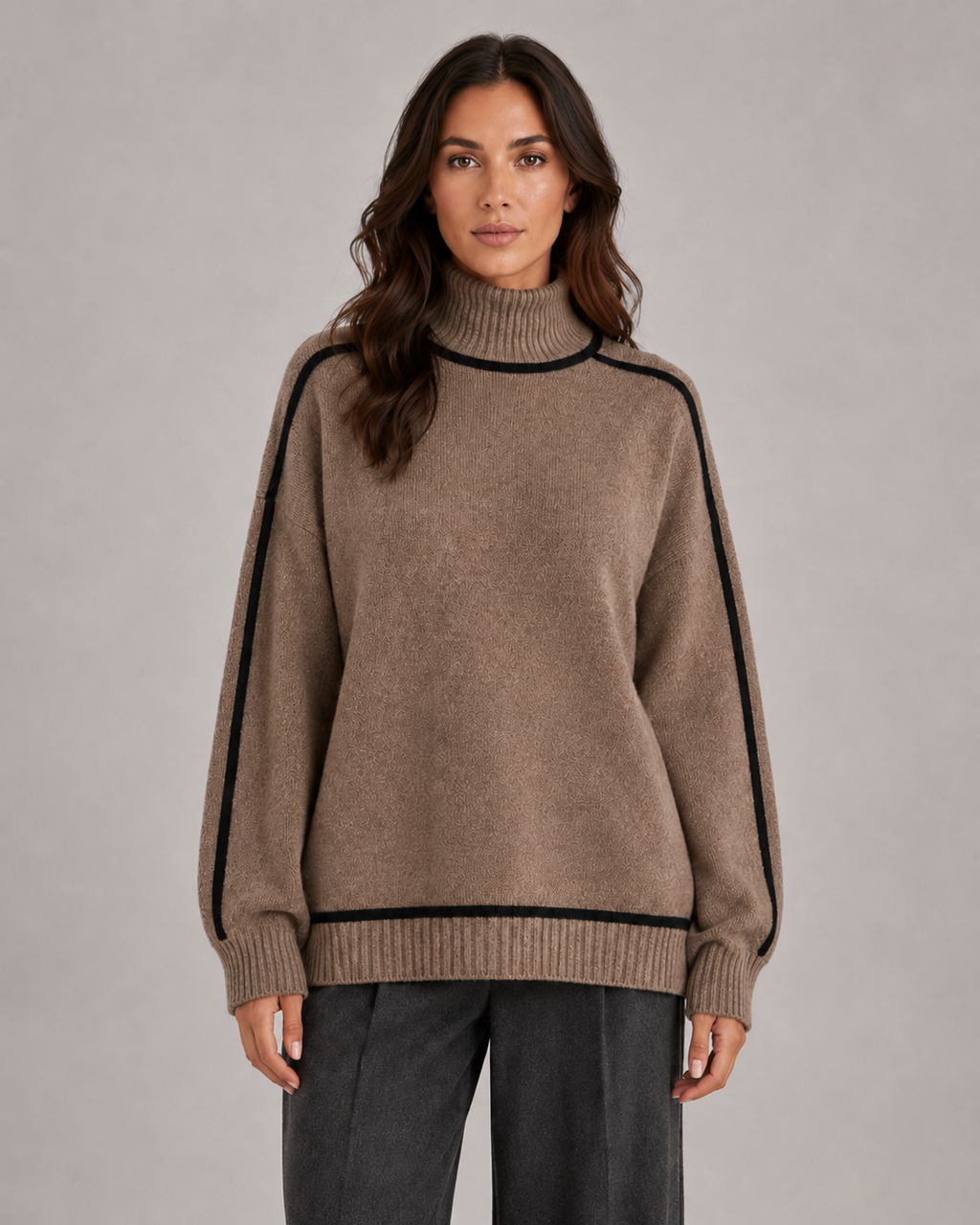 Women's Oversized Roll Neck Jumper with Contrast Piping