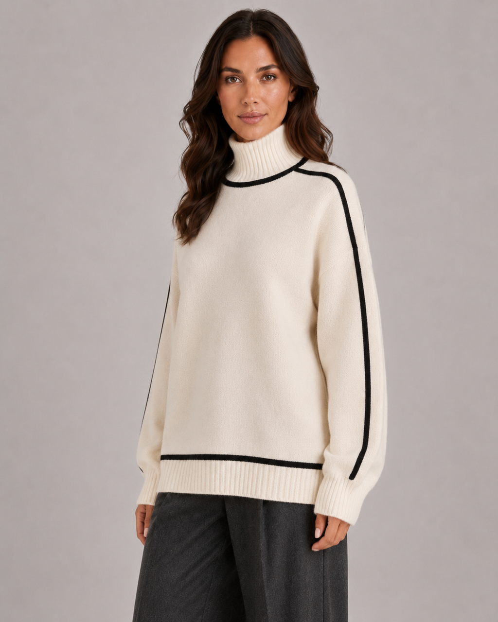 Women's Oversized Roll Neck Jumper with Contrast Piping