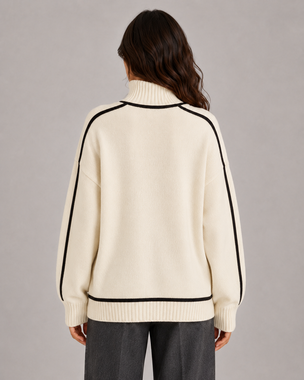 Women's Oversized Roll Neck Jumper with Contrast Piping
