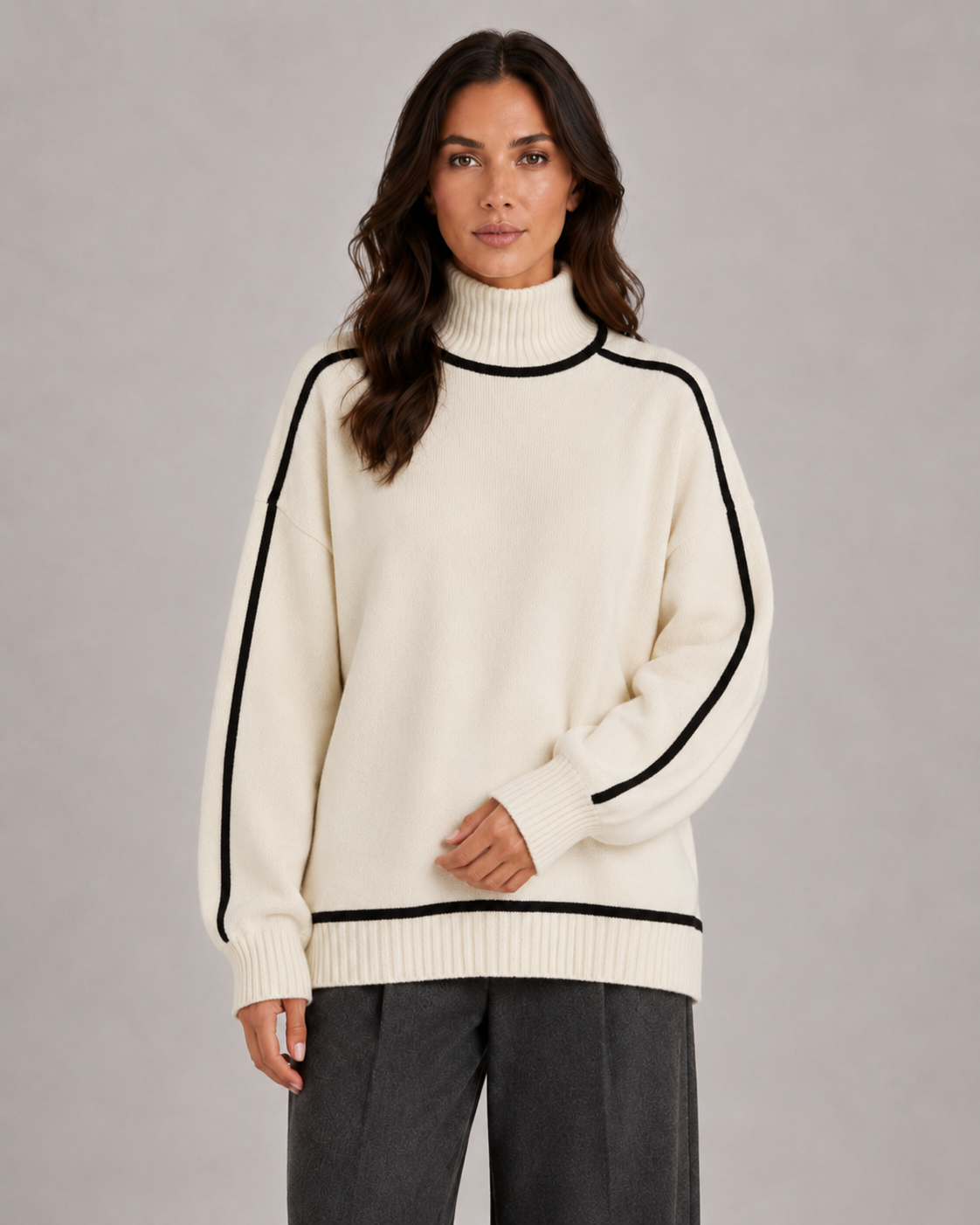 Women's Oversized Roll Neck Jumper with Contrast Piping