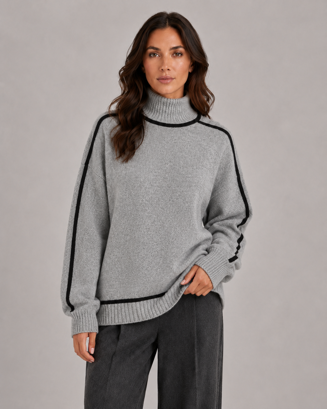 Women's Oversized Roll Neck Jumper with Contrast Piping