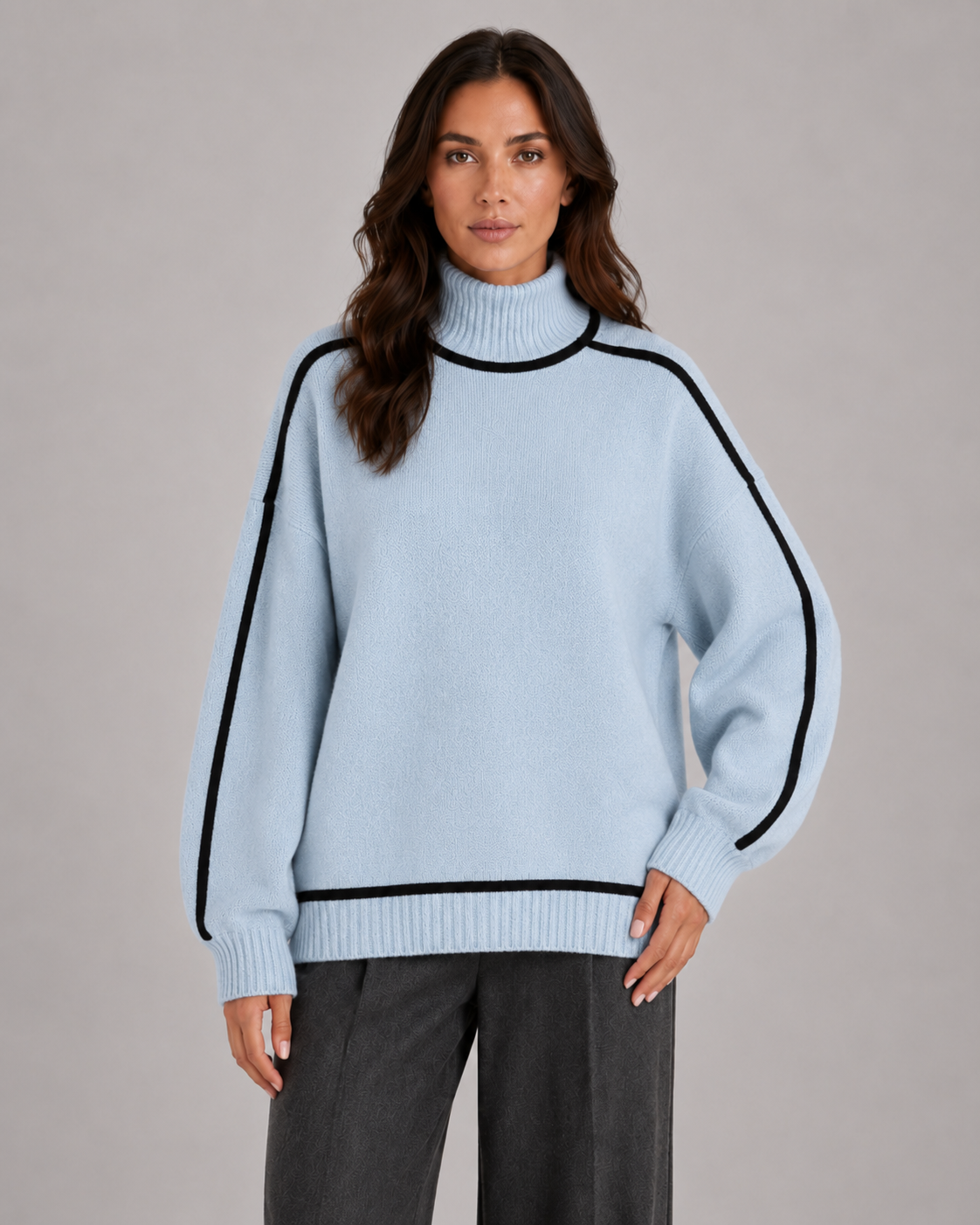 Women's Oversized Roll Neck Jumper with Contrast Piping
