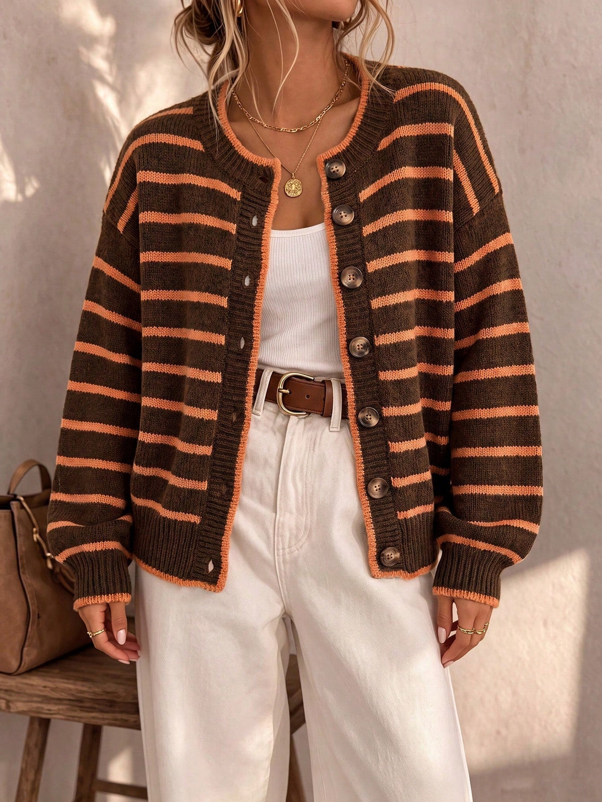 Women's Oversized Striped Knit Cardigan – Round Neck Contrast Trim Button Front Knit