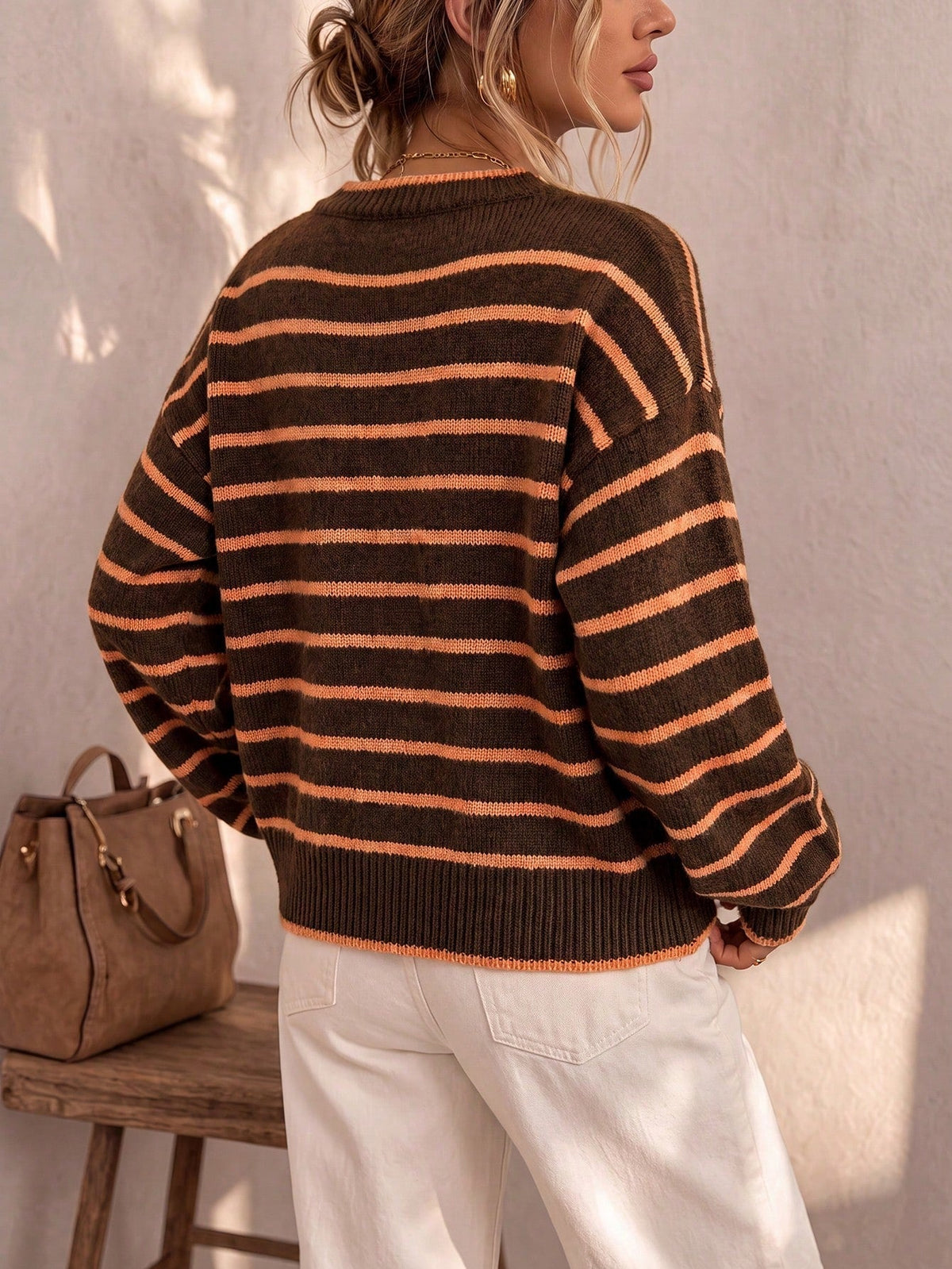 Women's Oversized Striped Knit Cardigan – Round Neck Contrast Trim Button Front Knit